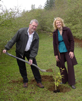 Adrian and Kay planting an oak tree in Earls Barton Pocket Park, October 2008.